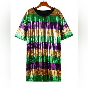 🎭 Mardi Gras Sequin Striped Dress 💛💜💚